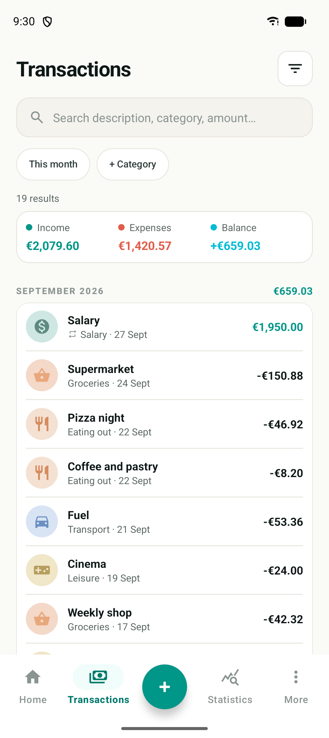 Transaction list with search and filters
