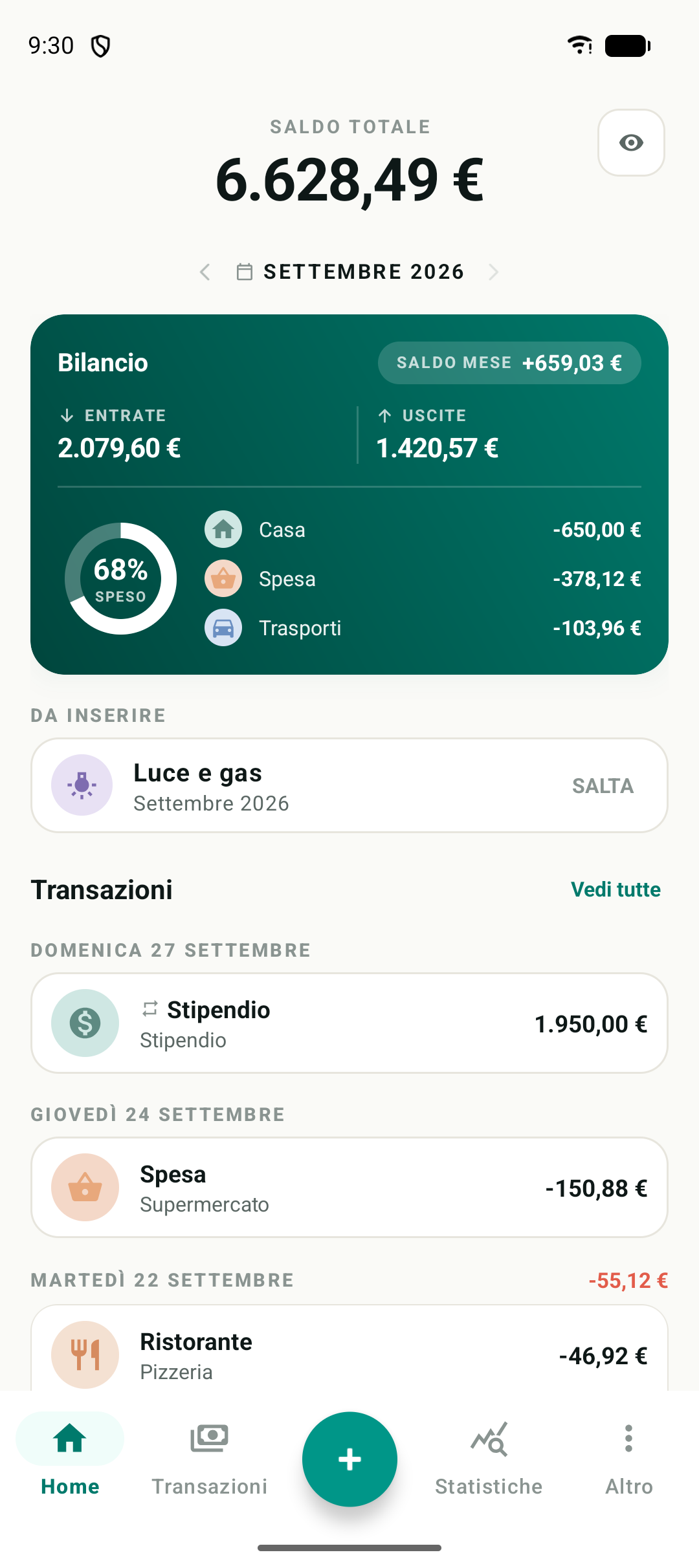 Schermata Home di MoneySaver con il bilancio del mese