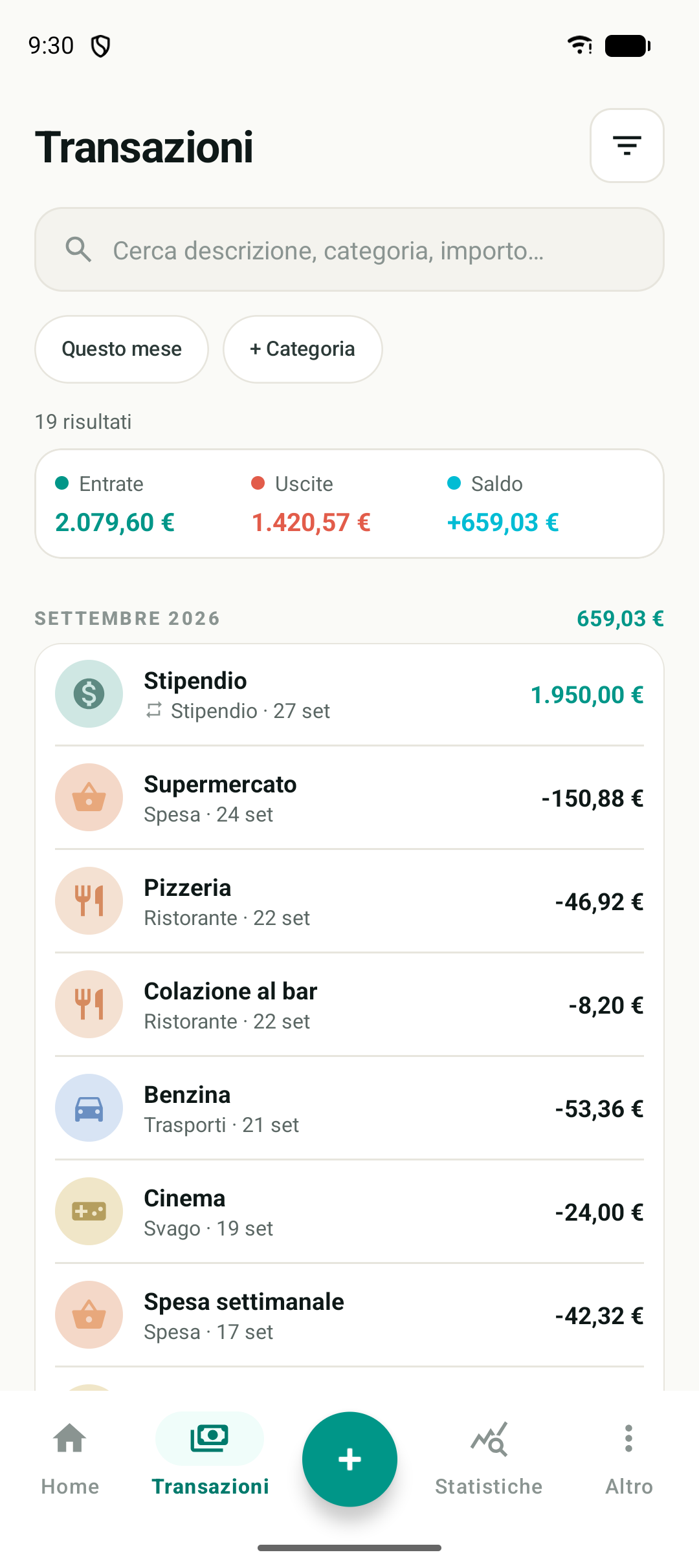 Elenco transazioni con ricerca e filtri